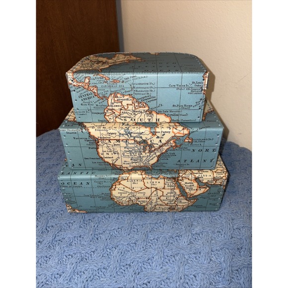 Jewellkeeper World Map Paperboard Nesting Suitcase Storage Boxes Set of 3 - Picture 3 of 9